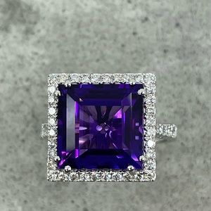 6ct Amethyst Princess Cut Ring With Diamond Halo 14k White Gold